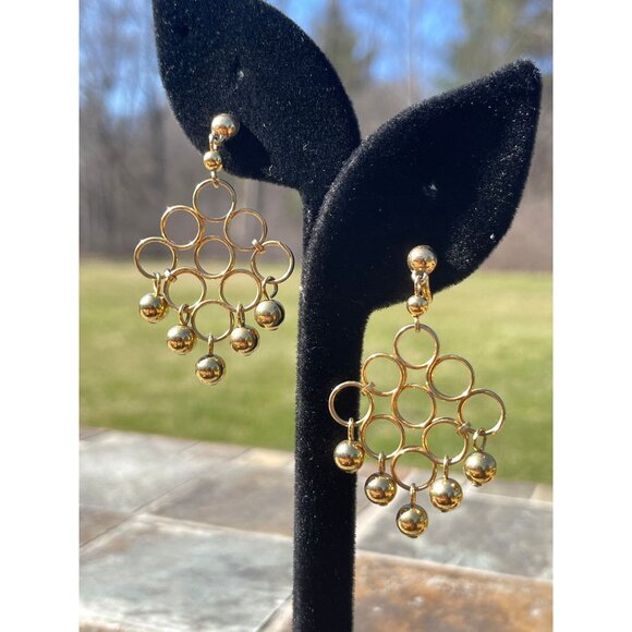 Vtg 1970's Gold Tone Diamond Drop Dangle Earrings Non Pierced Clip On Backs - Picture 1 of 4